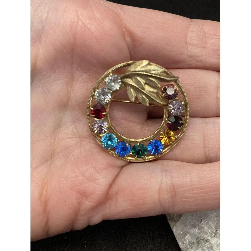 Vintage DCE 1/20 12KT GF Gold Filled‎ Circle Wreath Rhinestone Brooch Pin 4.5g